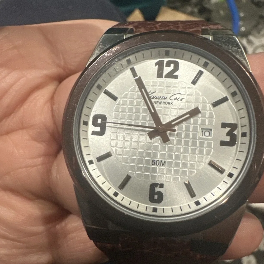 Working Kenneth Cole NY 43mm Brown Leather Band Fit 8in KC-1338BNIP Mens Watch‎